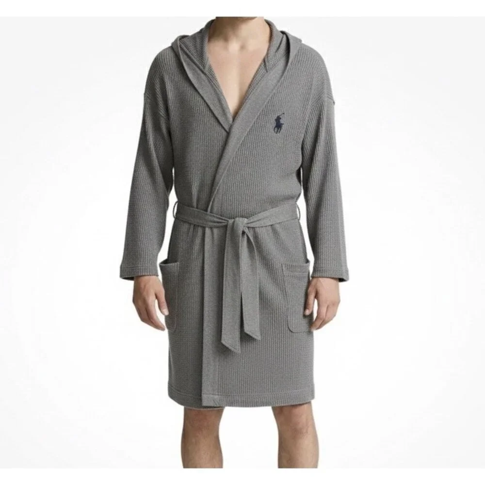 Polo Ralph Lauren Men's Hooded Thermal Robe Waffle Knit Beltes Pockets L XL Gray